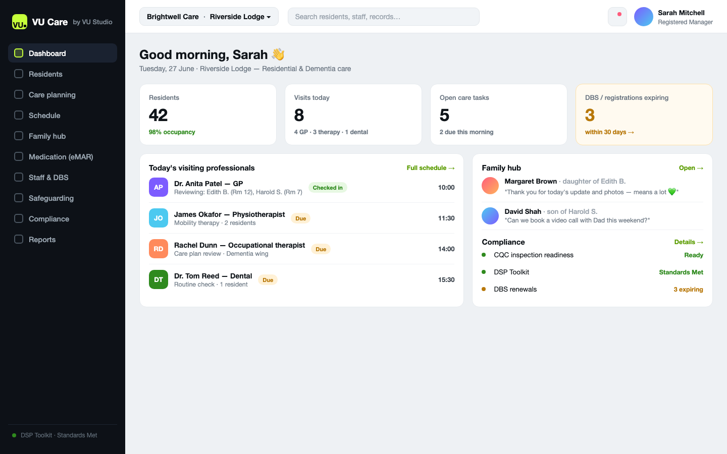 VU Care dashboard